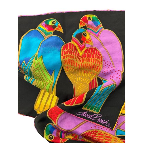 Lauren Burch Vibrant Birds Silk Scarf Multicolor Art Deco Tropical Print Black - Picture 4 of 7